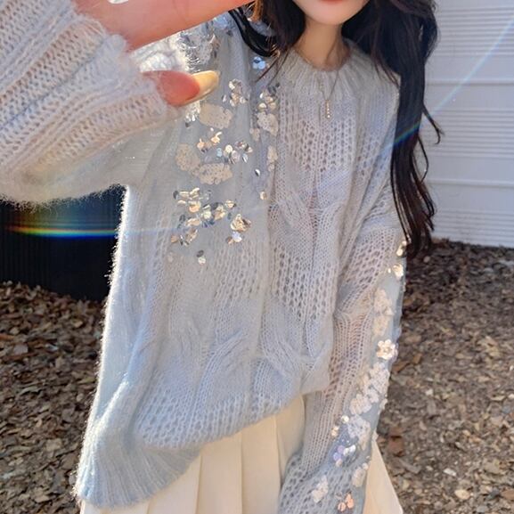 トップス レディース セーター スパンコール デザインニット キラキラ 羽織 袖あり 長袖 かわいい 大人可愛い 大人女子 きれいめ 華やか シンプル カジュアル パステルカラー 大人 上品 おしゃれ フェミニン お洒落 レトロ 送料無料 ラフ 個性的 抜け感 冬 10代 20代 30代 40代 ビジネス OL 通勤 学生 通学 デート お出かけ 女子会 お泊まり 休日 ガーデン レストラン ショッピング おさんぽ 着回し 普段使い 重ね着 韓国 スタイル 楽ちん 体型カバー フリーサイズ
