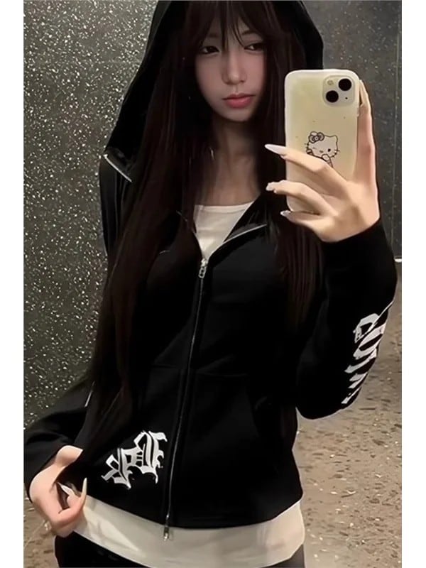 アメリカンレトロプリントパーカー女性用春秋ショートスウィートアンドスパイシーガールカーディガントレンディトップVネック長袖