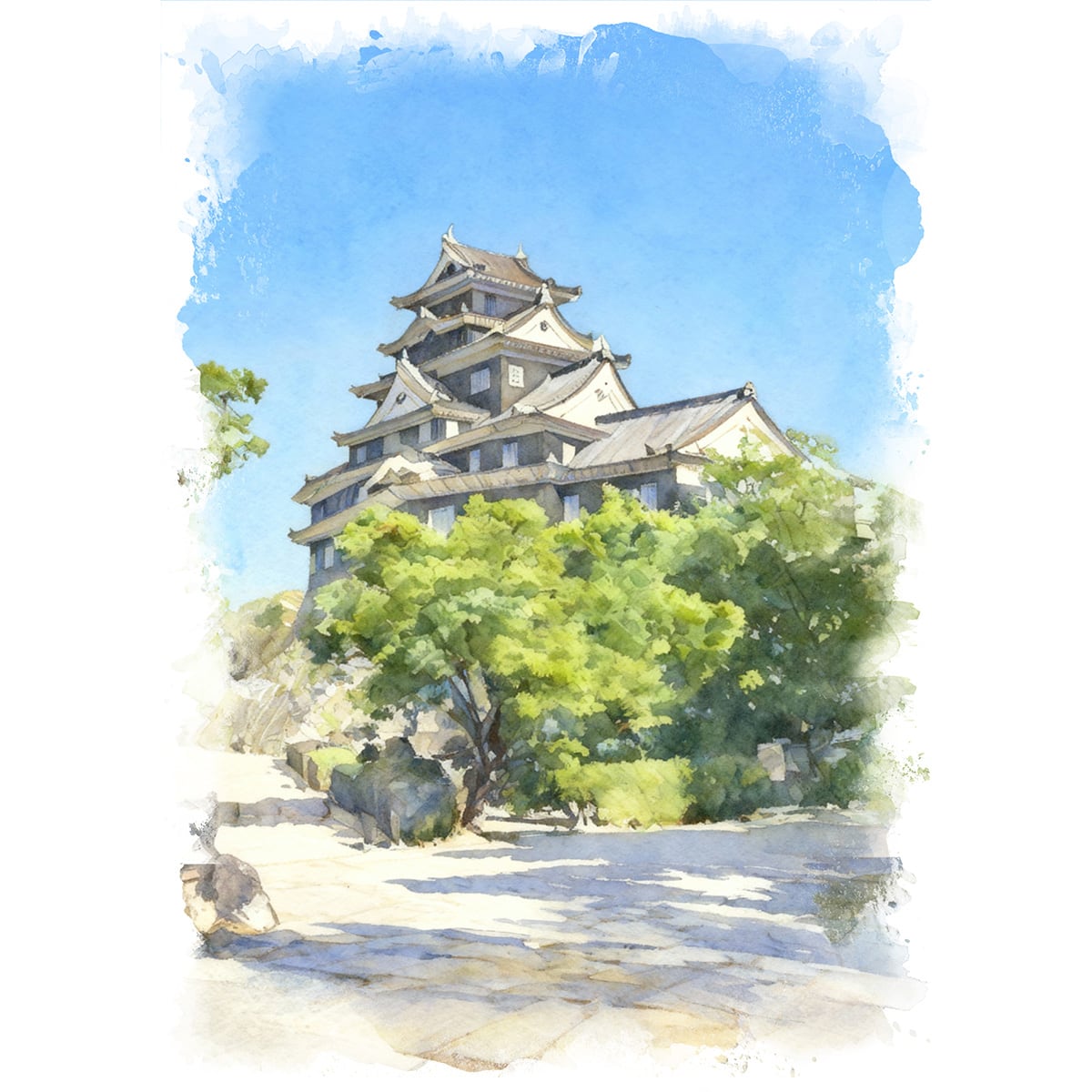 絵画 風景画 日本の 城 岡山県 岡山城 インテリアアート額付き 水彩画風 WAT1700