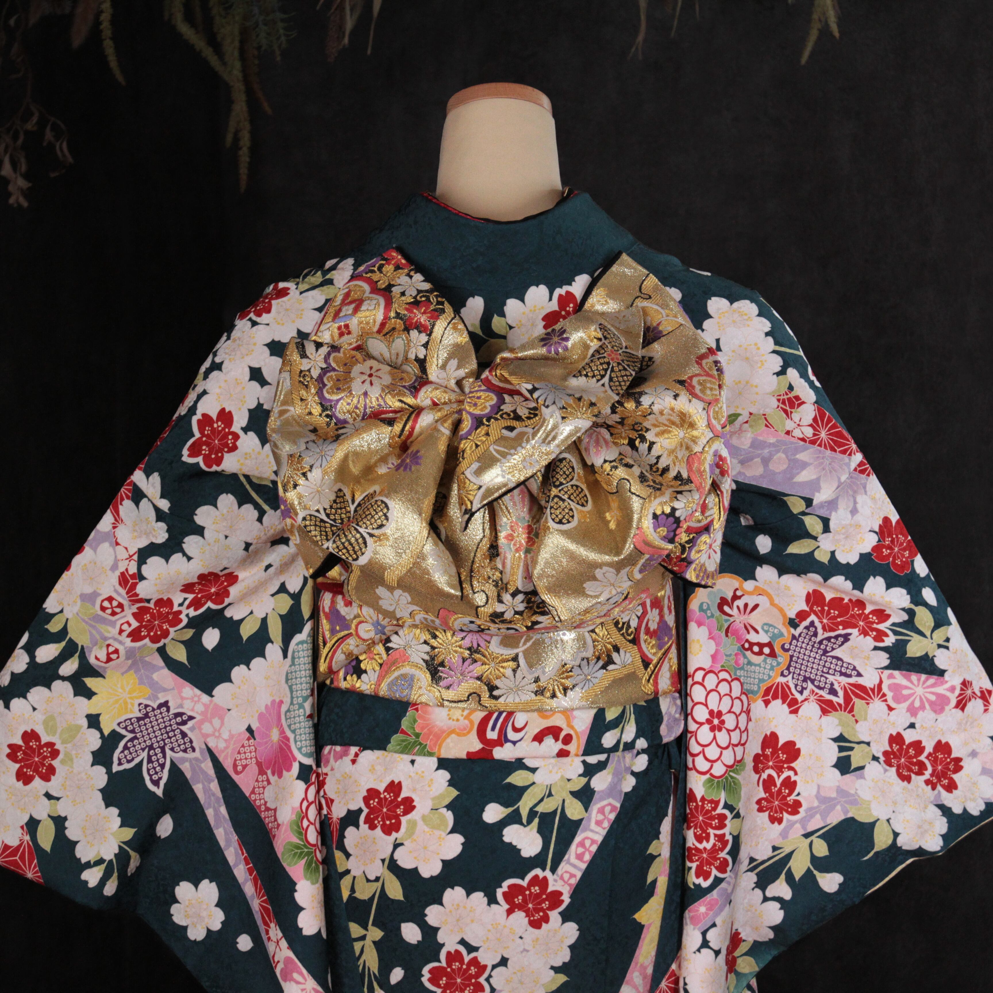 訪問着　百花繚乱 訪問着：H726 乙葉 黄色 扇に牡丹菊桜| 訪問着レンタル │ 京都着物