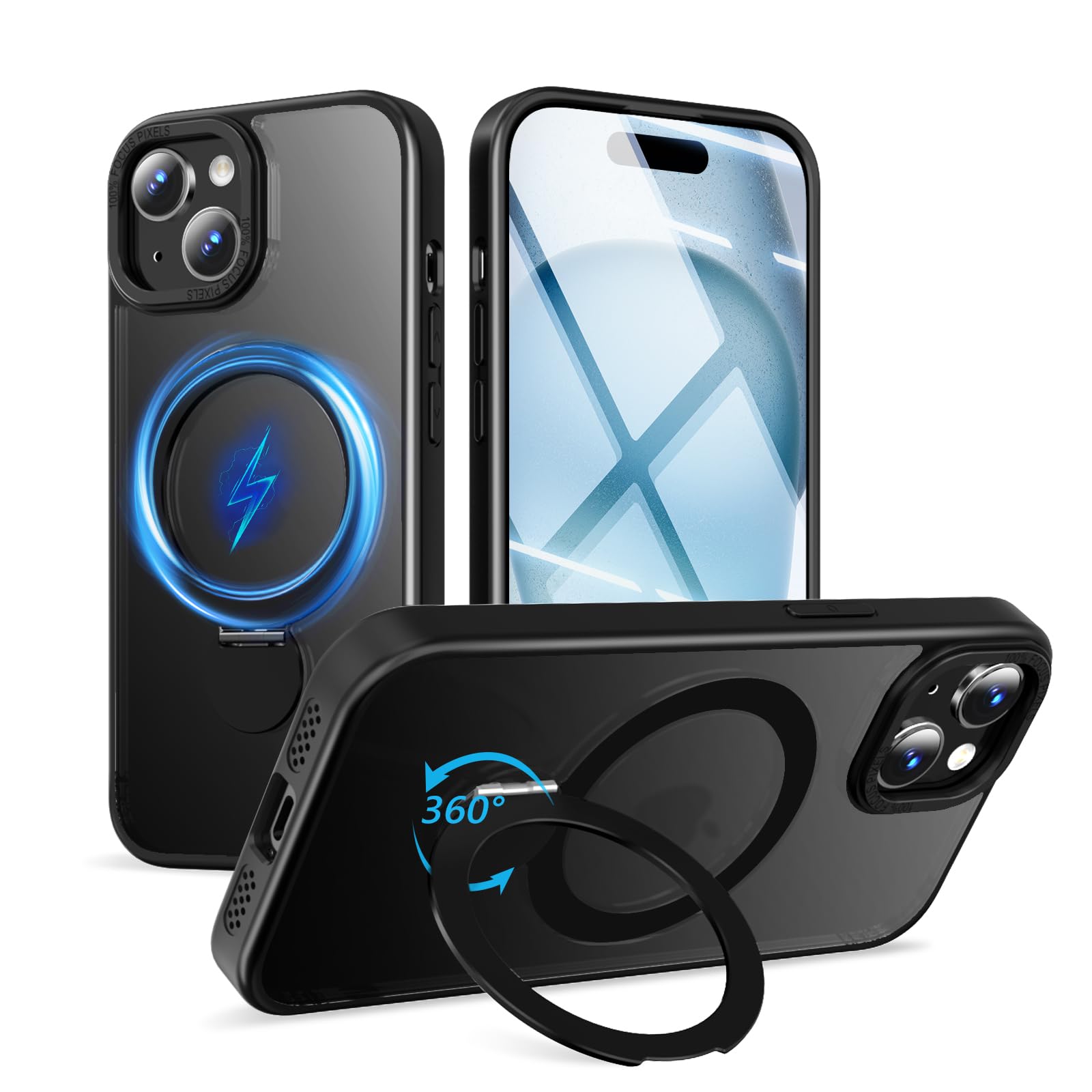 【数量限り】iphone 15 plus 用 ケース MagSafe対応 ワイヤレス充電 いphone15 plus ケース 高耐久性 米軍MIL規格 アイフォン 15 plus カバー リング スタンド マグネット搭載 スマホケース iphone 15 plus 隠し収納式 縦横両対応 スマホカバー アイフォン 15 plus 全面保護 軽量 マット仕上げ 半透明(6.7インチ)ブラック【SHANGHAO】