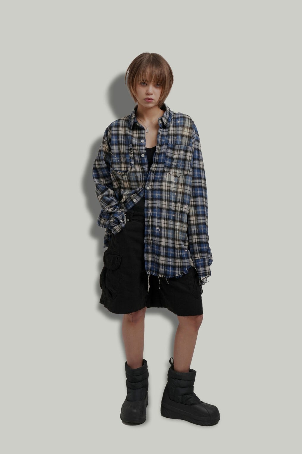 ☆THE BOYZ ヨンフン 着用！！【GRAILZ】BLEACHED PLAID SHIRTS [BLUE