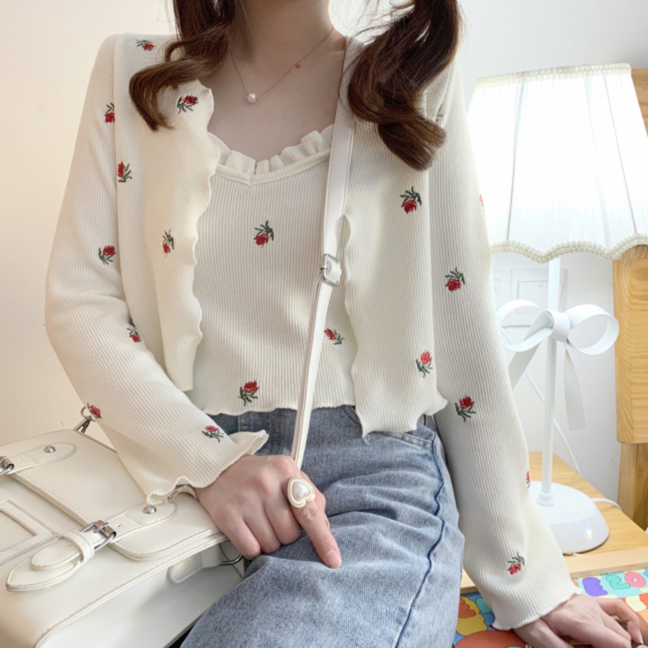 フラワー刺繍キャミ+カーディガン LK814