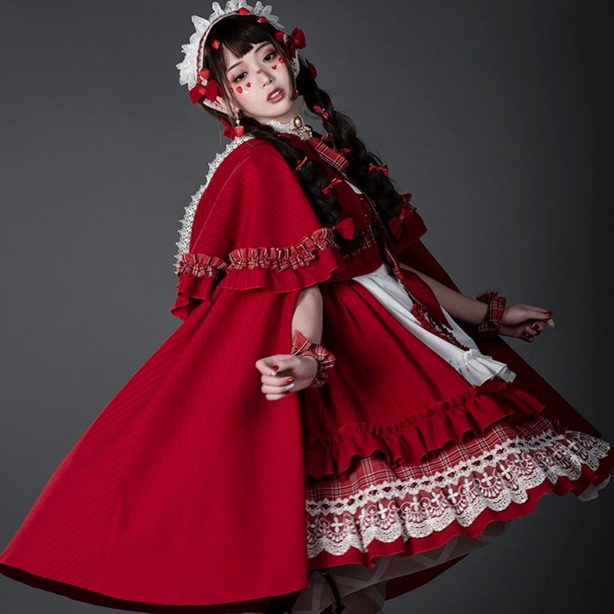 赤ずきん風フード付きロリィタケープ|深紅チェック×レース飾りの童話系アウター