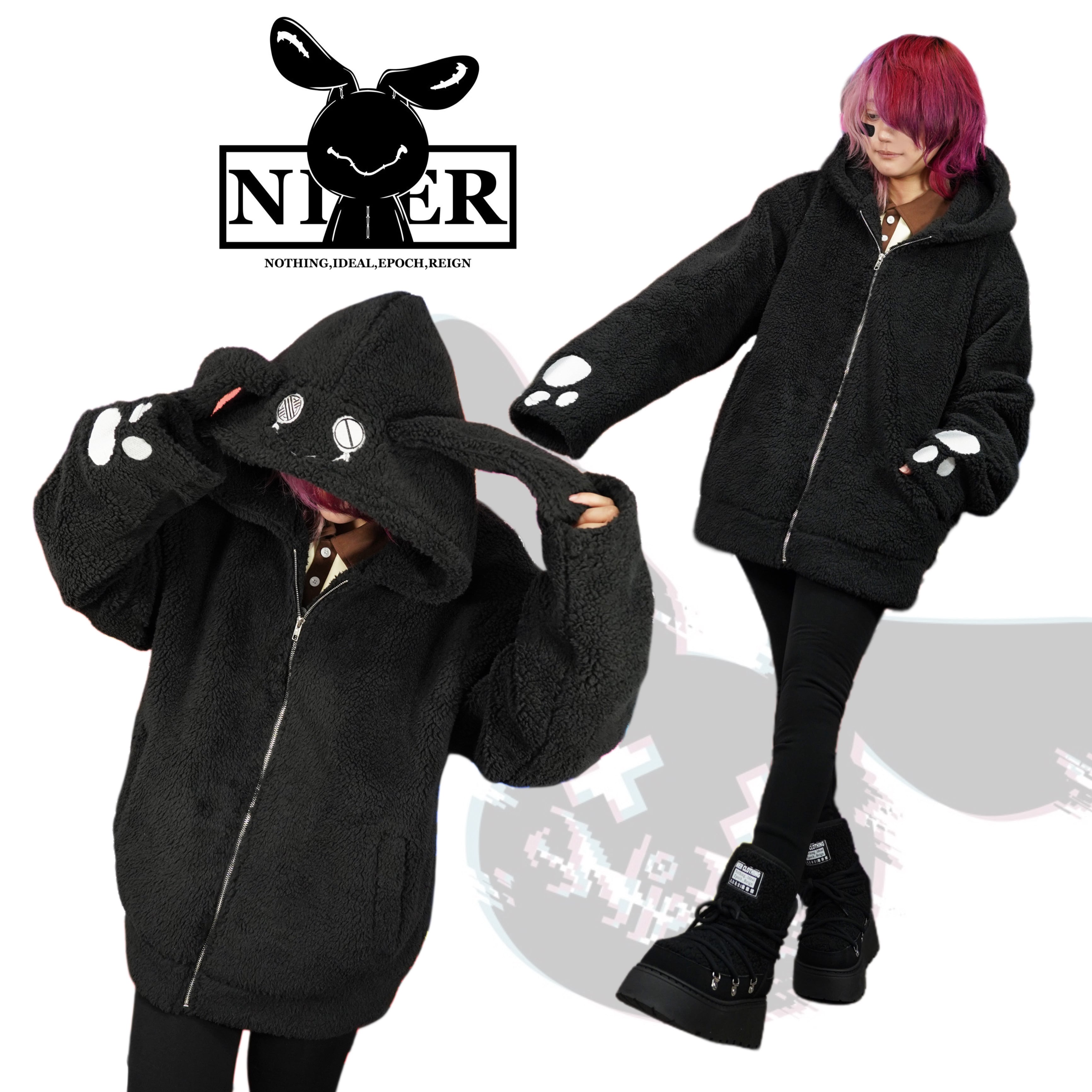 肉球刺繍×うさ耳 ふわもこブラックボアアウター | NIER CLOTHING