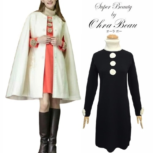 【アウトレットセール50%OFF】スーパービューティー ニットワンピース 花モチーフ　タートルネック 2421032 ブラック 2024年秋冬 オーラボー 大人かわいい服 ミセス レディース キレイメ アパレル 女性 30代 40代 50代 60代 大人スタイル