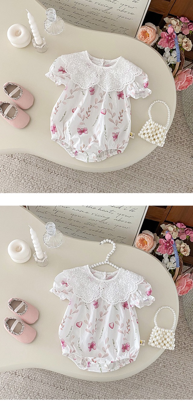 【BABY】フラワーバタフライレース襟半袖ロンパース - 8