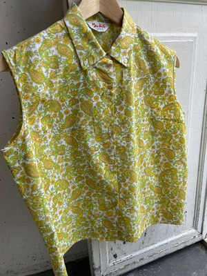 60s yellow green paisley print blouse
