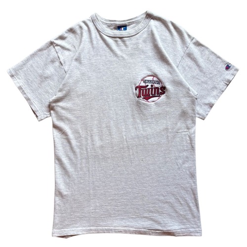 【USA製】90s Champion チャンピオン 半袖Tシャツ クルーネック メンズ L 灰 MLB ミネソタ・ツインズ ロゴ 刺繍 アメリカ製