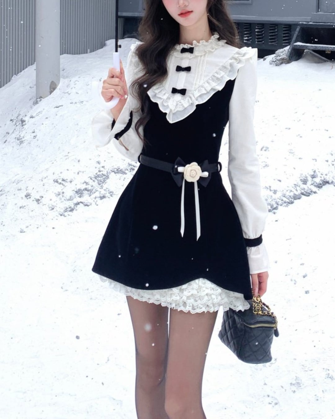 カメリアリボンベルトベルベットワンピース 25W08353