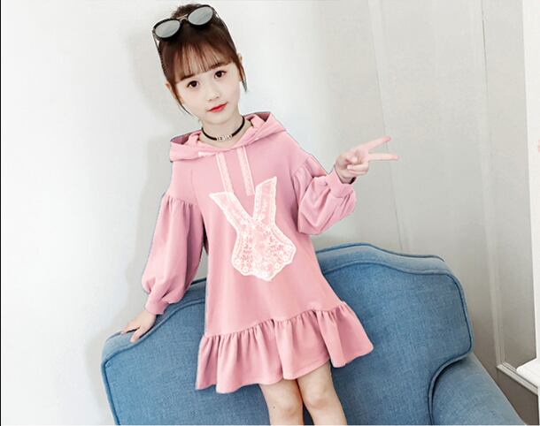 1枚でかわいい うさ耳パーカーワンピース 子供服 キッズ ワンピース パーカー スカート 子供 女の子 うさ耳 スウェット フレア ボリューム袖 長袖 カジュアル パーカーワンピ ピンク ブルー 110cm 160cm 春 秋 送料無料 韓国レディース キッズファッション