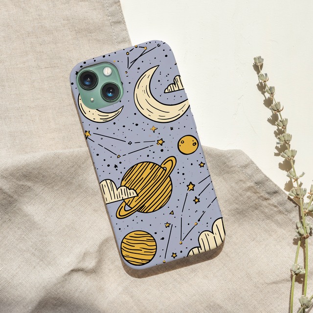 受注生産 iPhoneケース ラベンダー背景の三日月と惑星柄｜星空柄 STAR068B