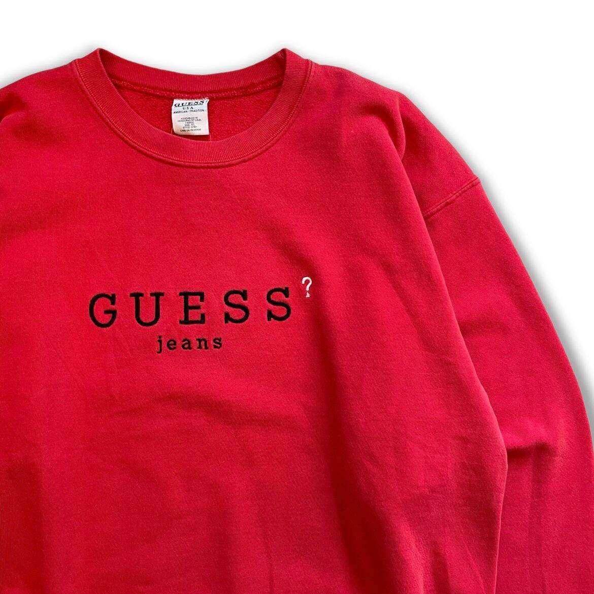 90s GUESS(ゲス) Embroidered Sweatshirt 刺繍ロゴ スウェットシャツ レッド / XL