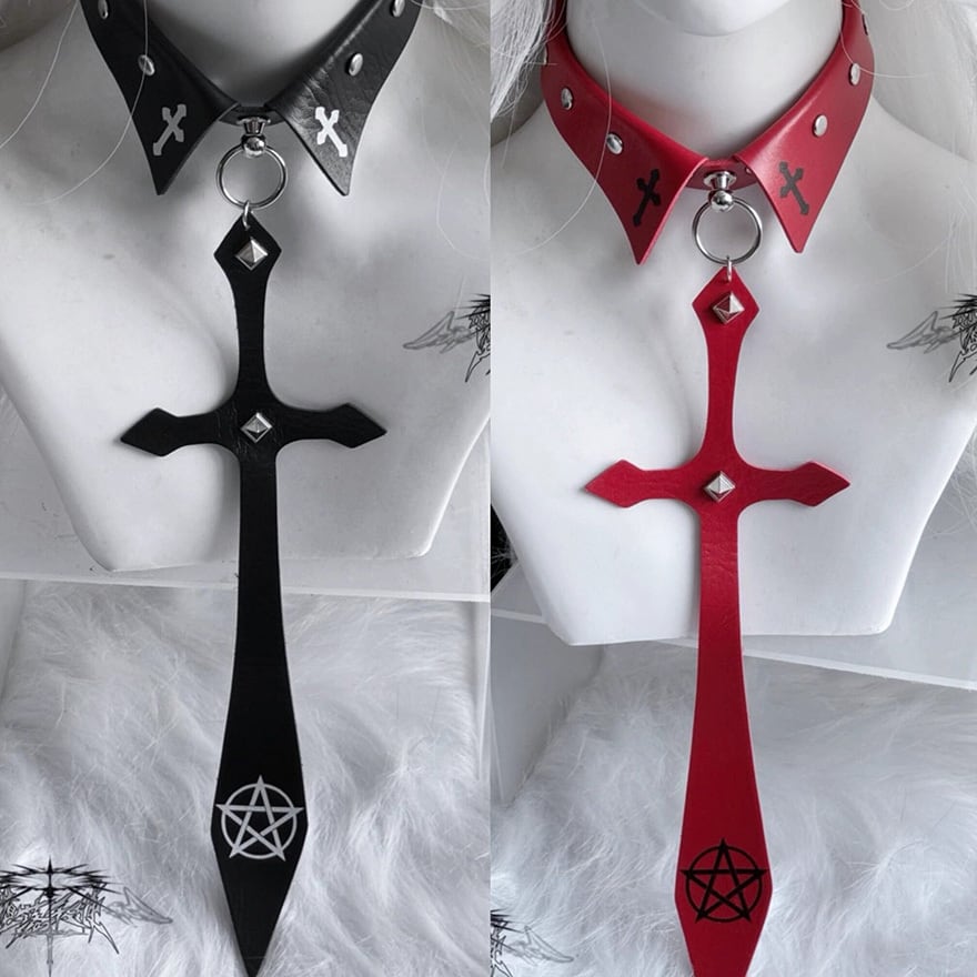 ゴシック寄りの五芒星と十字架装飾付きの襟型チョーカータイ|天使と悪魔