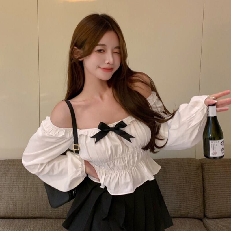 オータムカラープリーツシャツ リボンスリムショートトップス ロング 秋物 ハンチェンe45780365035