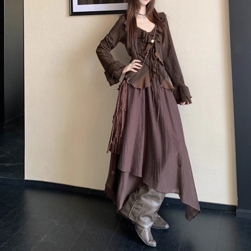 【2点セット】ベルスリーブラッフルトップス＋イレヘムシフォンマキシスカート ・71737