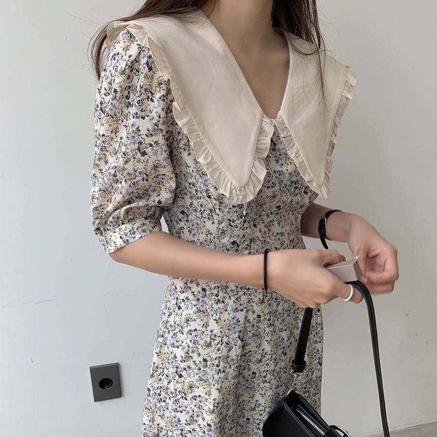 【着用レビュー】ワンピース レディース フレアワンピース ロングワンピース ロング ロング丈 袖あり 半袖 5分袖 五分袖 ボリューム袖 パフスリーブ Vネック 襟付き ビッグカラーフレア Aライン かわいい 大人可愛い きれいめ 上品 エレガント 清楚 おしゃれ お嬢様 おとな ナチュラル ガーリー 爽やか 花柄 小花柄 フラワー オフィス ビジネス OL 通勤 学生 通学 女子会 S M L XL 春 夏 秋 食事会 入学式 卒業式 二次会 10代 20代 30代 韓国系 楽ちん 送料無料