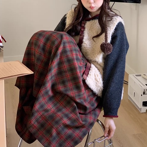 レトロチェック柄フレアスカート ・9713