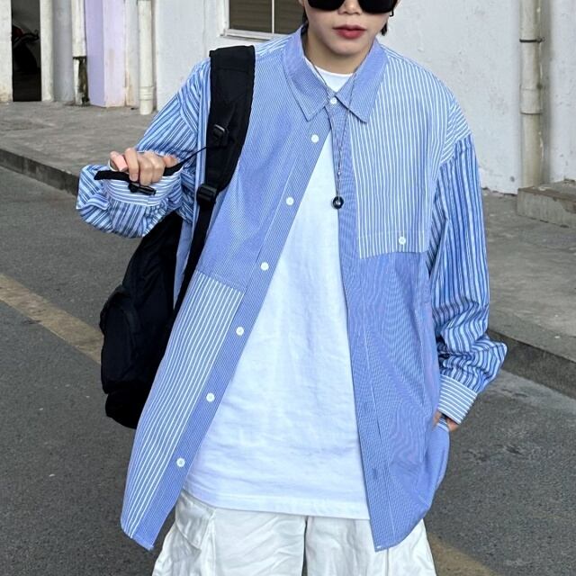 【予約販売】シャツ 長袖 トップス ストライプ柄 切り替え メンズ ブルー 青 こなれ感 カジュアル シンプル モード お洒落 こなれ感 韓国 トレンド 春 夏 秋 M/L/XL/2XL