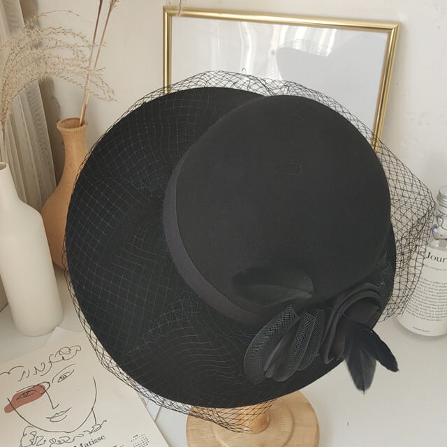 ハット レディース 帽子 女優帽 ウール レース コサージュ フェルト