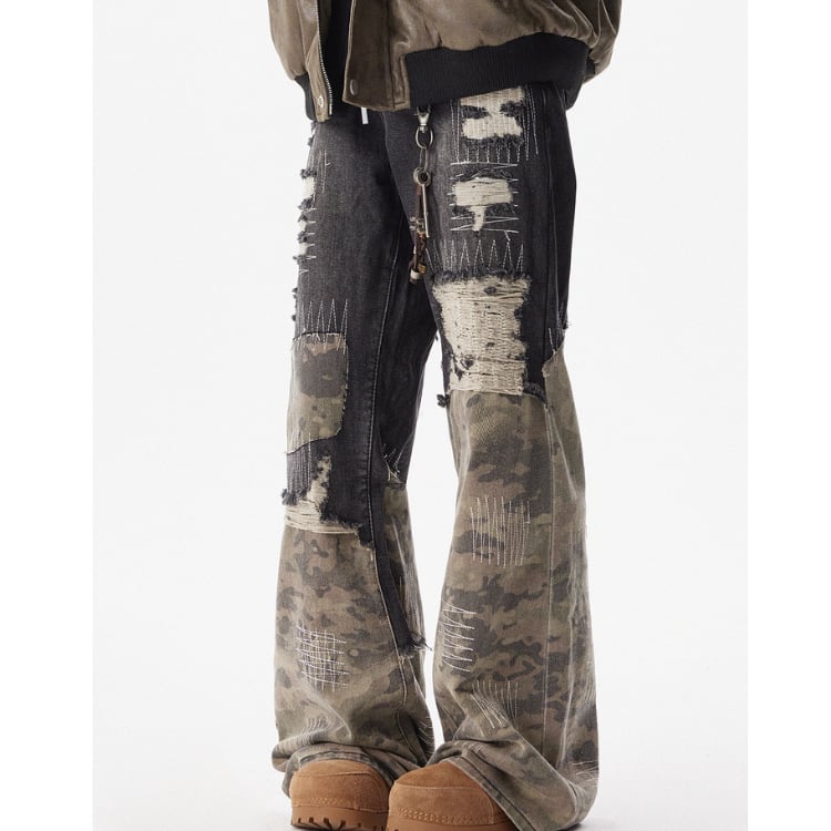 パッチワーク ワイドストレート デニムパンツ L00005