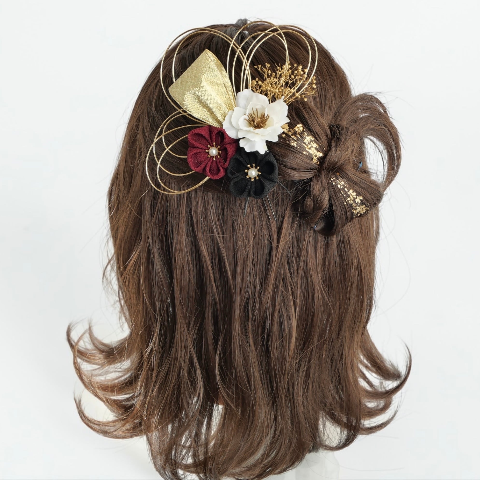 A617 つまみ細工 ボルドー 黒 髪飾り 浴衣 成人式 卒業式 前撮り 結婚式 水引