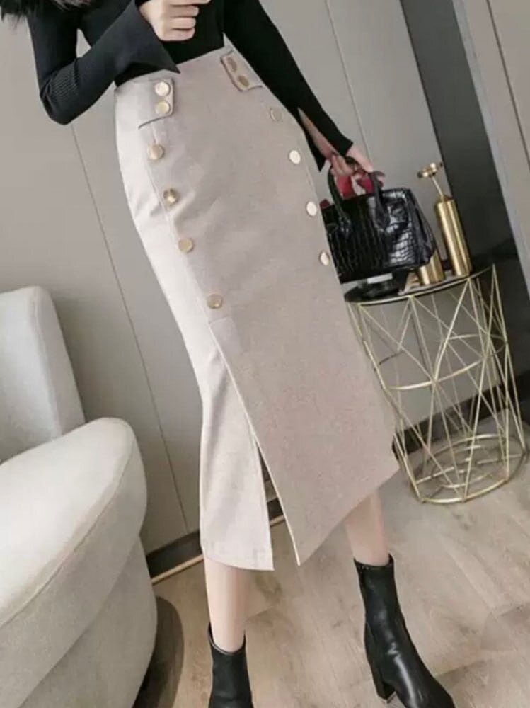 メリハリのある美ボディラインをつくる ハイウェストマーメイドスカート ハイウェスト Aライン マーメイド スリット 黒 ベージュ おしゃれ きれいめ オフィス ミディアム丈 大きいサイズ 韓国 CH8602