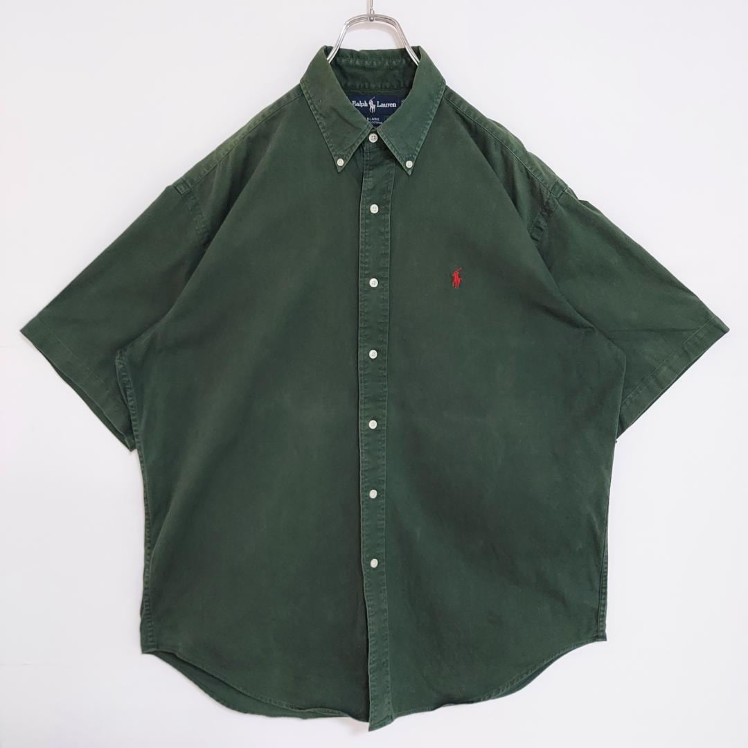 90s ラルフローレン BD無地半袖シャツ L グリーン 緑 赤 ポニー 刺繍
