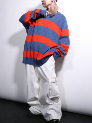 "LAND'S END" blue ×orange good coloring border cotton knit
