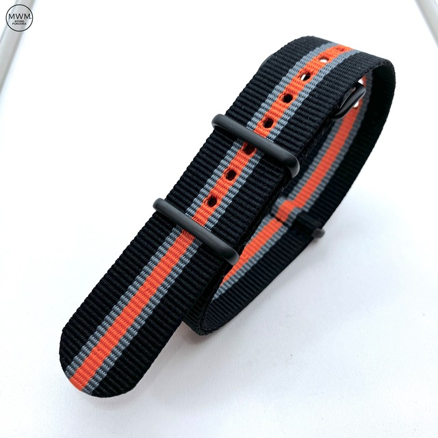 PVDプレミアムNATOストラップ ブラック・グレー&オレンジ 18/20mm 腕時計ベルト