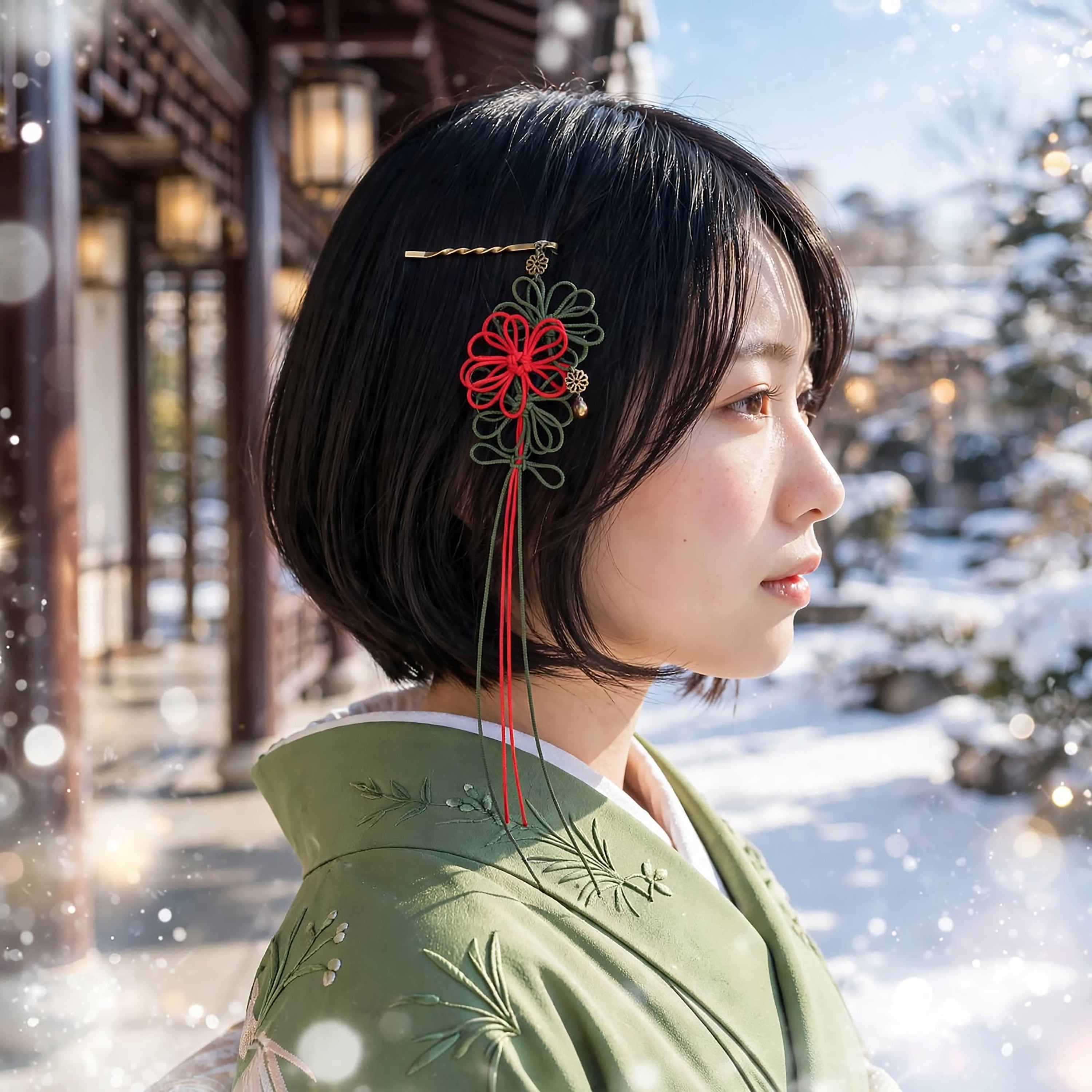 飾り結びヘアピン「陽の艶、日々に」(朱×深緑)【軽量快適】ショートヘアも簡単和風アレンジ。