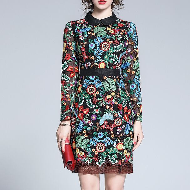 One Piece Floral Elegant ワンピース ひざ上丈 刺繍 花柄 総柄 エレガント 上品 襟付き 長袖 おしゃれ カラフル ミックスカラー ワンカラー 大人女子 カジュアル お出かけ お呼ばれ デート パーティ 秋 冬 レディース 大きいサイズ Sea Sign Post