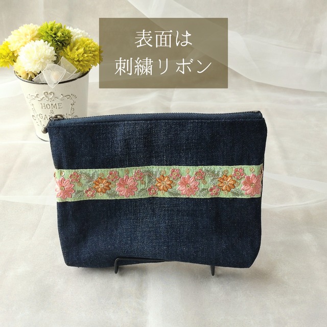 4) 刺繍リボン デニム レザー ポーチ ファスナー マルチポーチ | kanmi