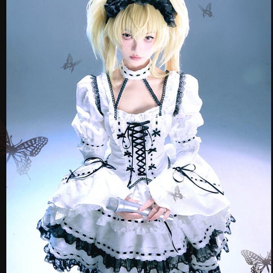 クラロリ セットアップ 編み上げコルセット風 白×黒 ライブ向け｜WithU