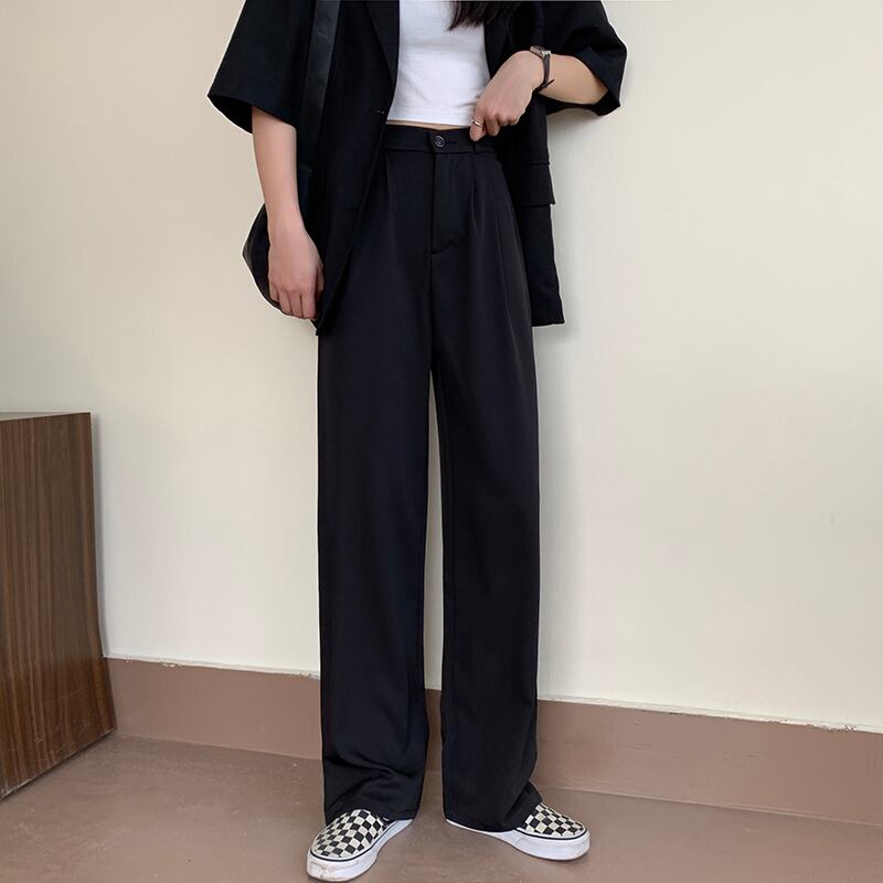 ブラックパンツレディース2020年夏新作ハイウエストスリミングワイルドドレープストレートカジュアルルーズワイドレッグスーツパンツ 1号婦人20282783516