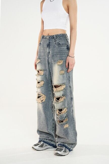 デニム・ジーパン ODD STUDIO Salt Washing Destroyed Denim Pants ☆NMIXX ギュジン 着用!!【ODD STUDIO】Salt Washing