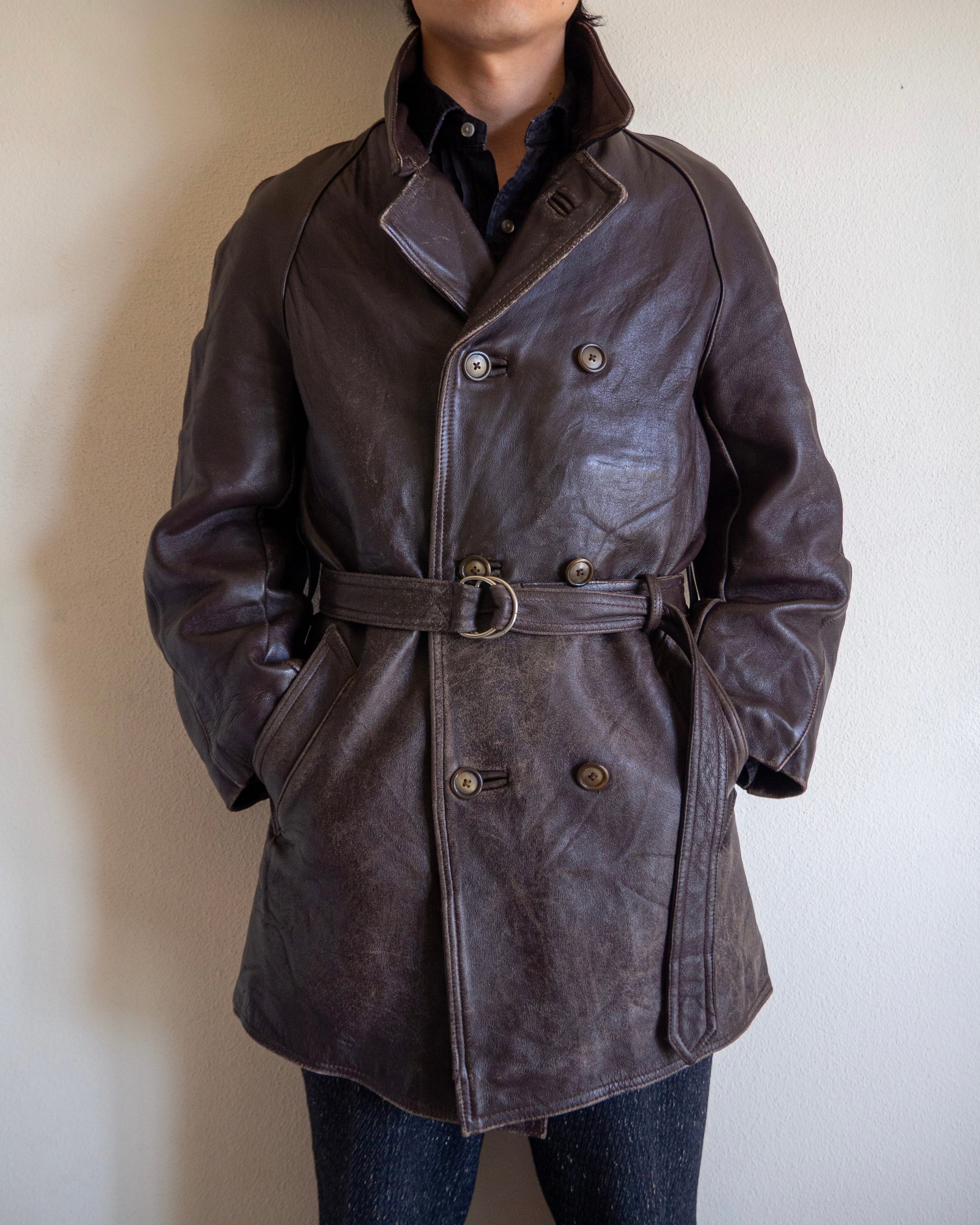 チンスト付きFranch Vintage Leather Coat - www