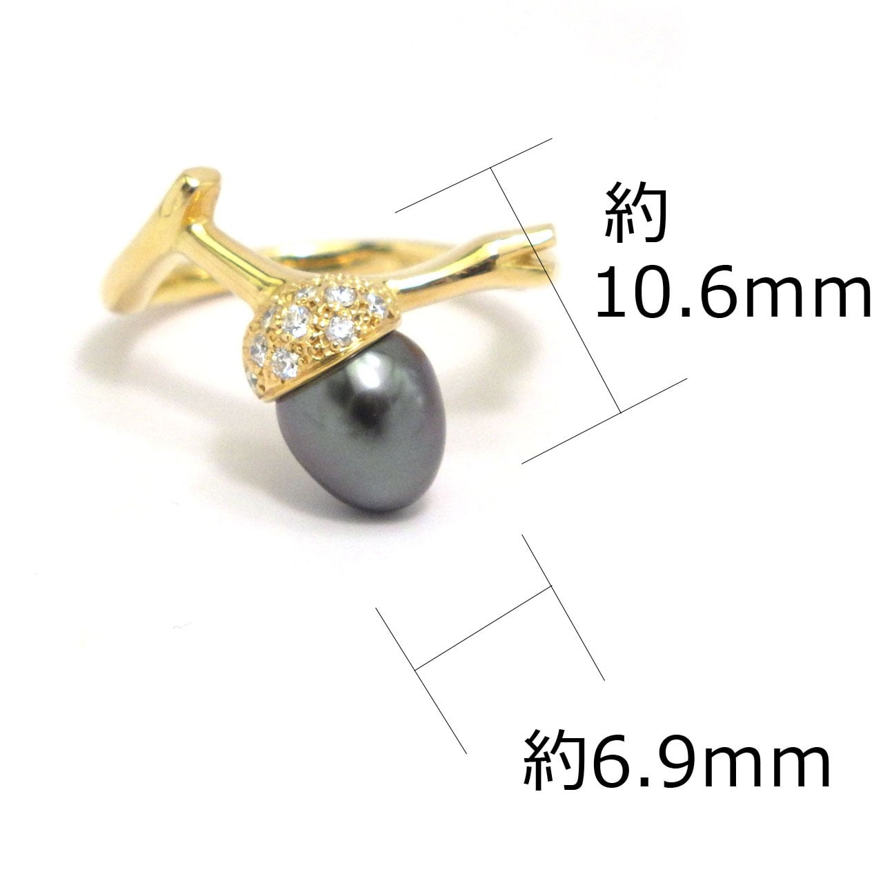 K18YG 南洋黒蝶ケシ真珠・ダイヤモンドリング《どんぐり》（KR61201