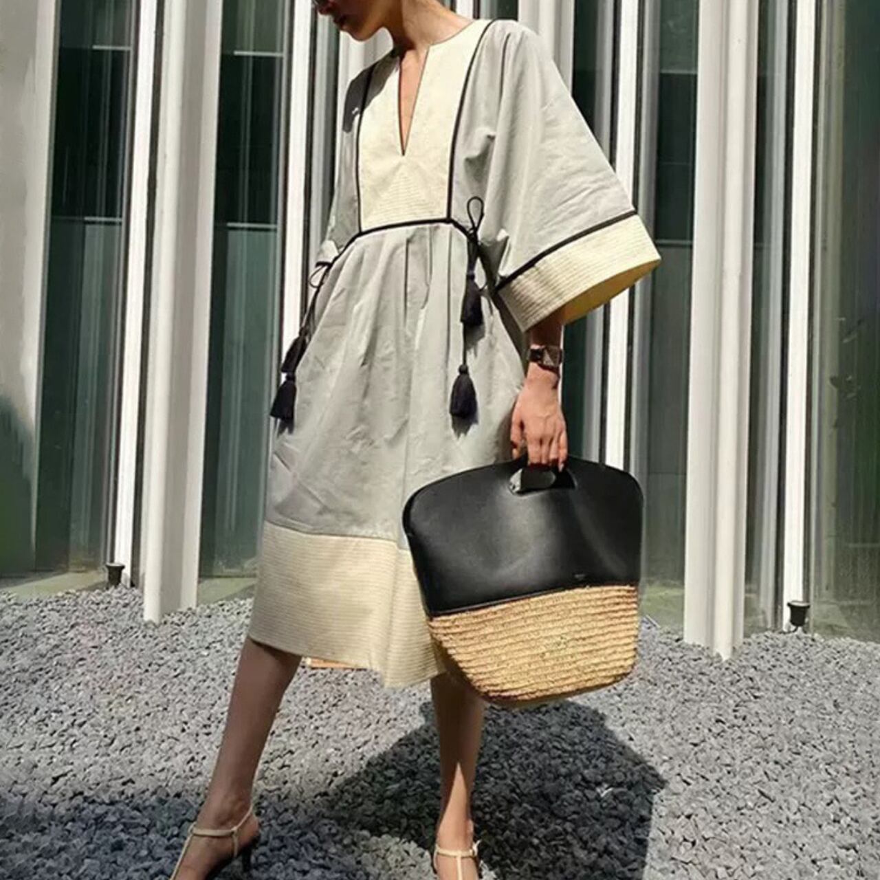 バイカラーVネックワンピース m0023