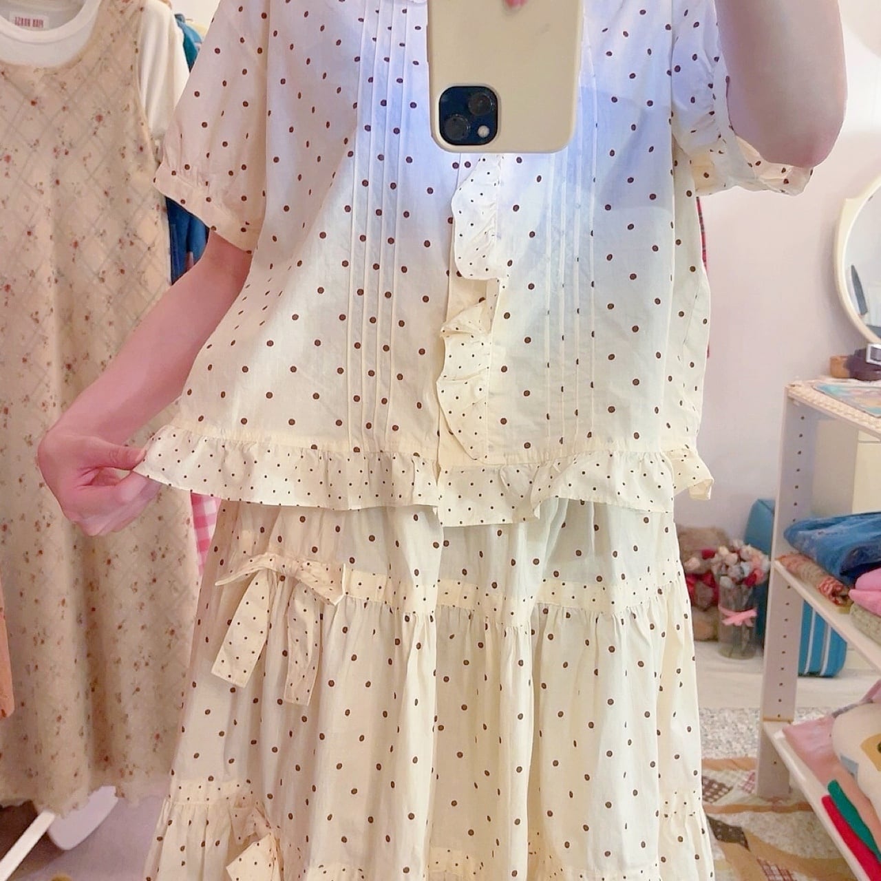 cream brown dot blouse & skirt set up