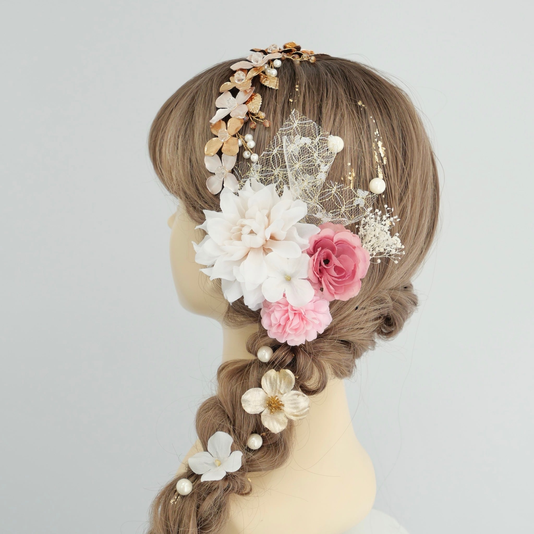 A129 ピンクカチューシャ ドライフラワー パール 髪飾り 白 ゴールド