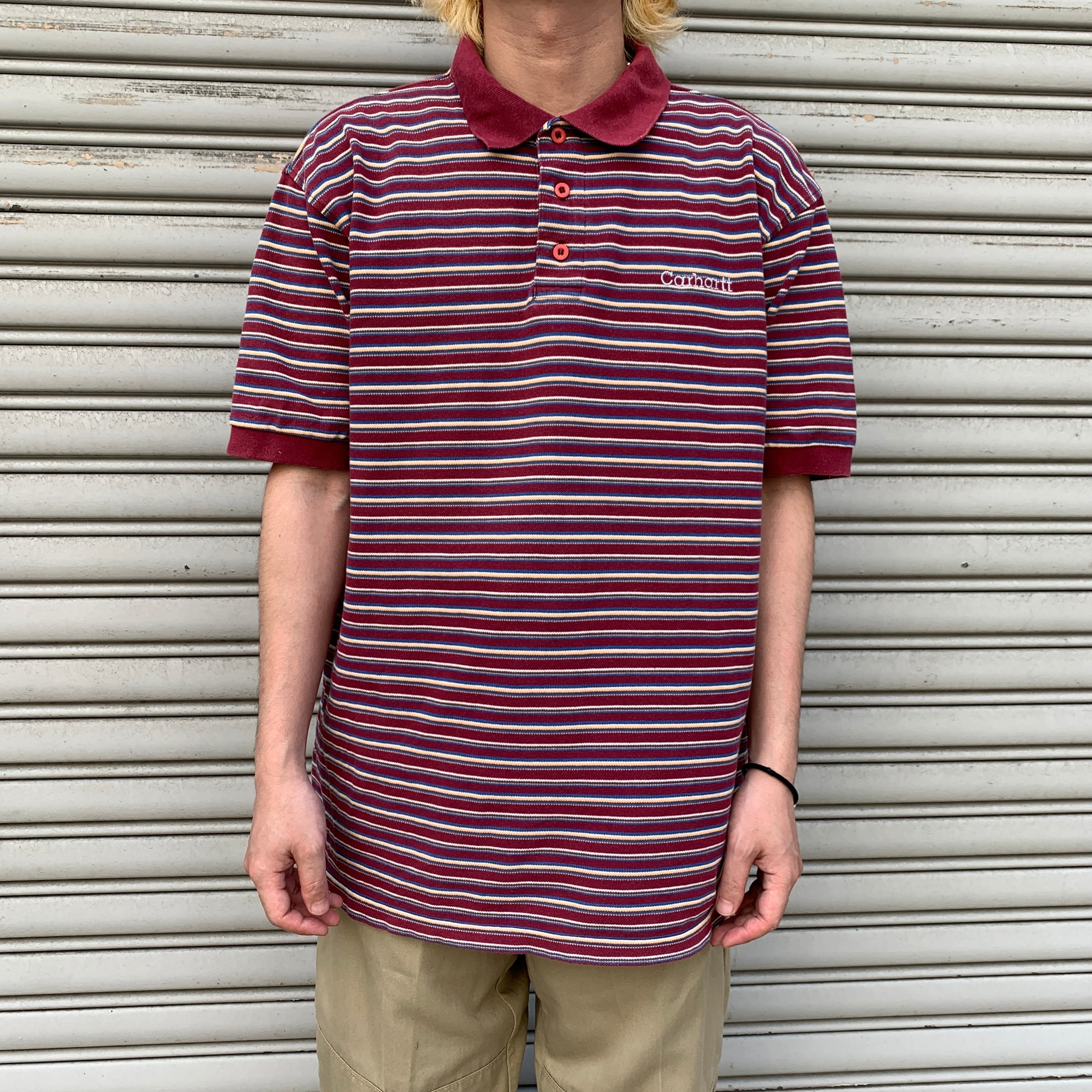 carhartt カーハート マルチボーダー柄ポロシャツ 半袖 ボルドー系 XL