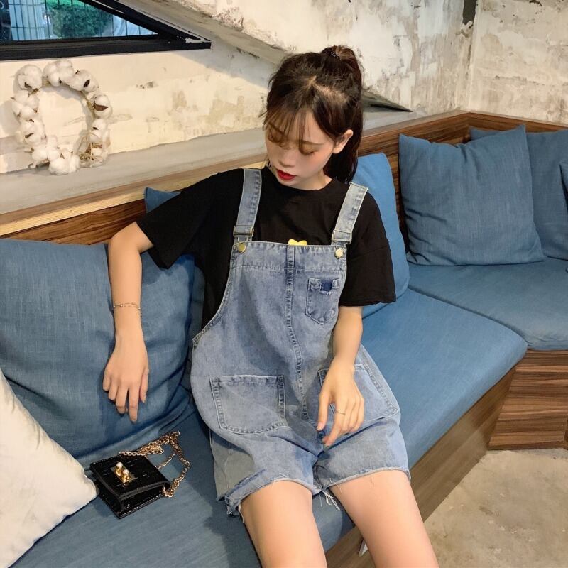 デニムオーバーオールの女性の2020年夏の新しいカジュアルなルーズストレートレッグパンツのタイドホールは薄いハイウエストショーツを示しています 1号婦人16052211708