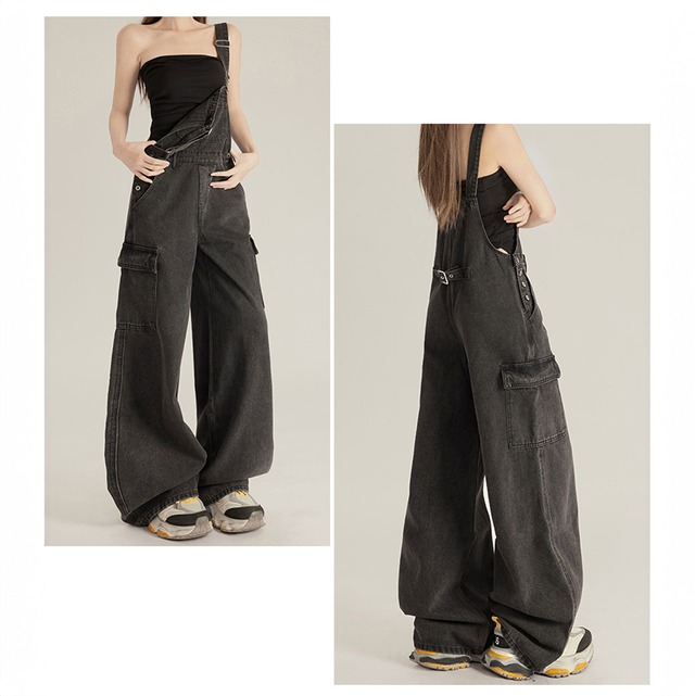 ブラックデニムワイドレッグオーバーオール   R00318