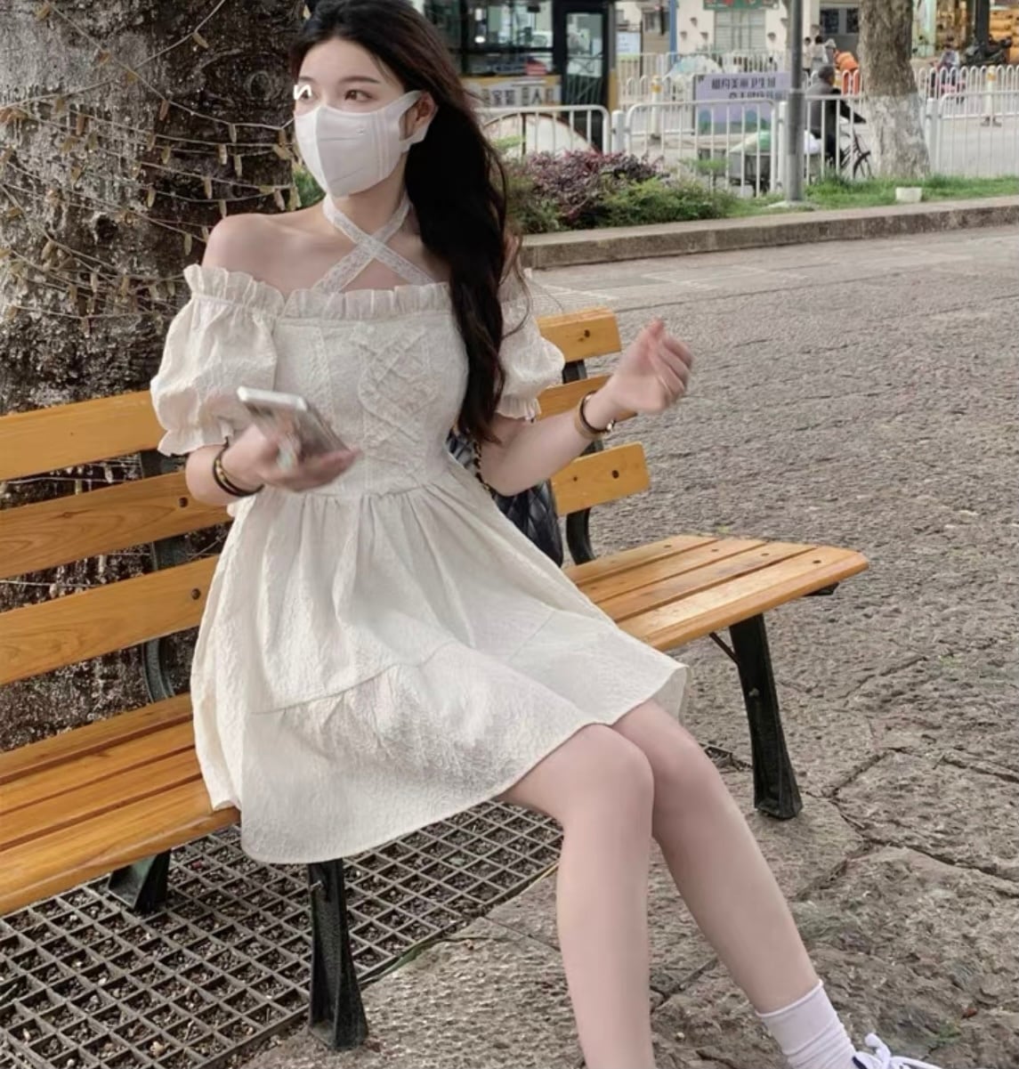 海外限定】 ミニワンピース パフスリーブ フレア オフショルダー 夏服