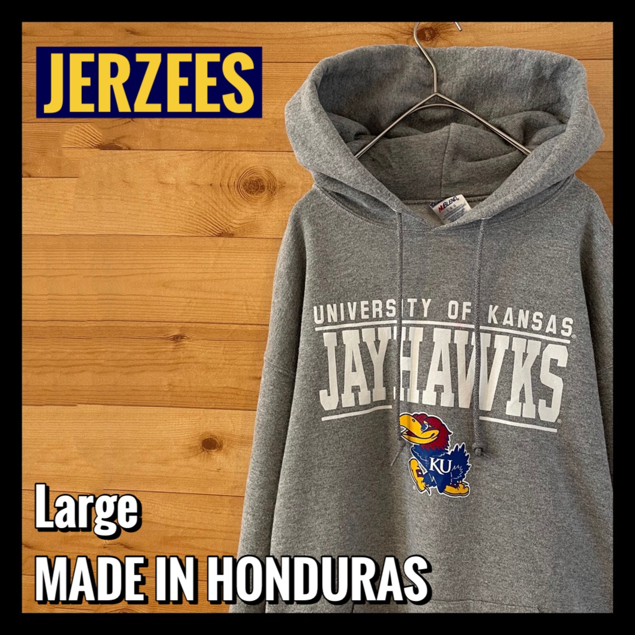【JERZEES】カレッジ ロゴ カンザス大学 バスケットボール Kansas Jayhawks プルオーバー パーカー L アメリカ古着