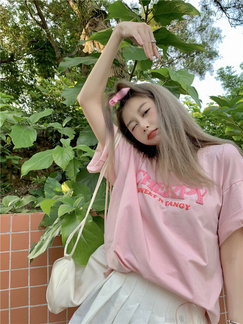 Tシャツレディース夏服ルーズNEW ピンク 大人ガーリー スウィート