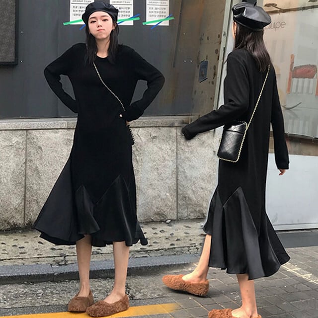 ワンピース レディース カジュアル イレギュラーヘム マーメイド ゆったり サイズ展開豊富 無地 ロング 長袖 ドロップショルダー ミモレ丈 オーバーサイズ 体型カバー ドレープ 異素材ミックス ブラック M/L/XL/2XL/3XL/4XL