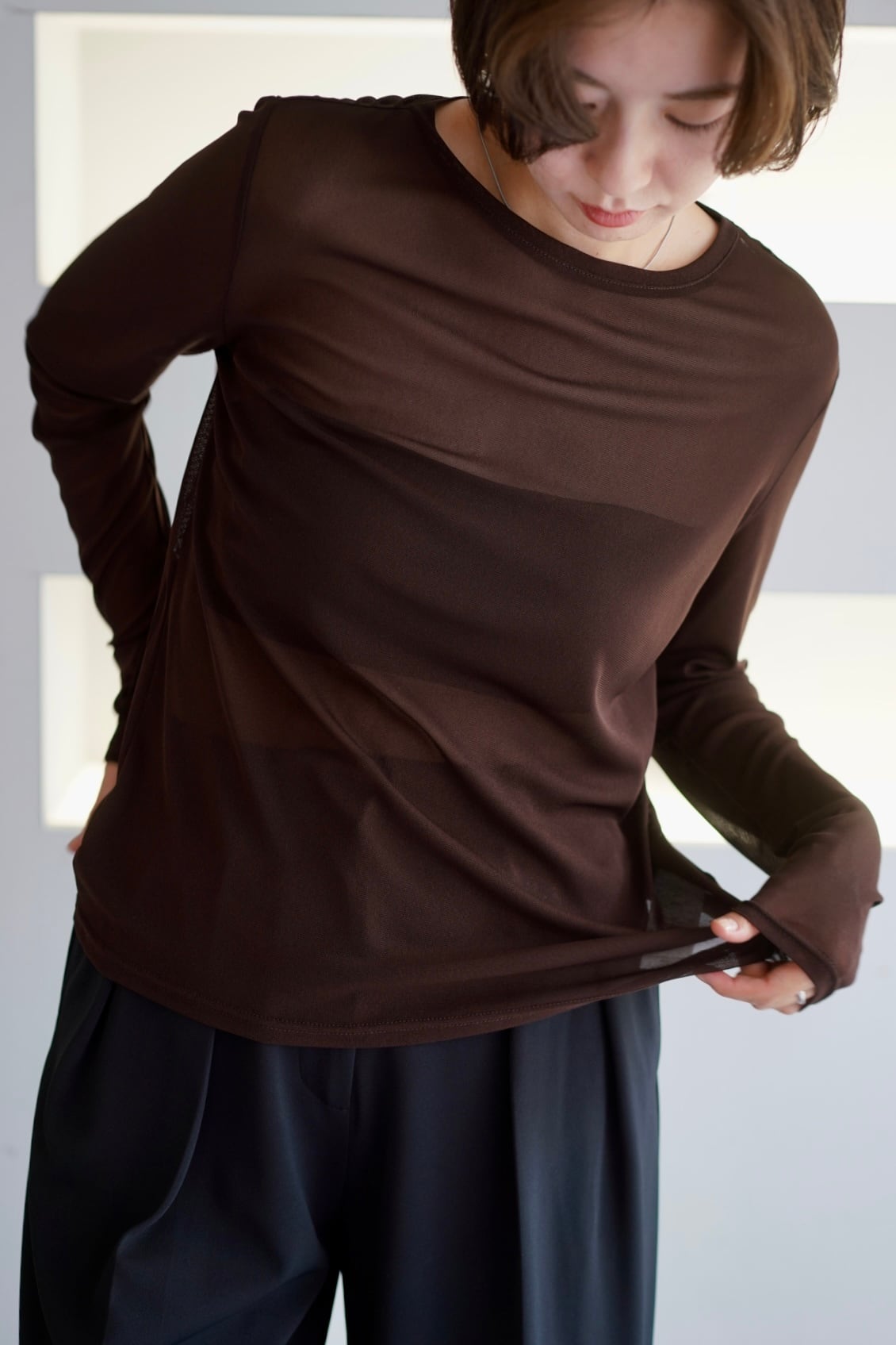 crew neck sheer tops クルーネックシアートップス DarkBrown