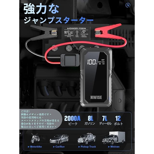 NWISE ジャンプスターター 2000Aピーク電流 大容量 12V 車用エンジン